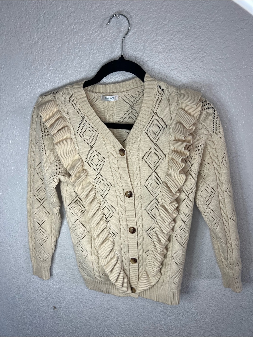 Cream Ruffle Cable Knit Button-Front Sweater